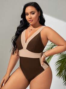 SHEIN Swim Curve Summer Beach Plus Colorblock Plunging Neck One Piece Swimsuit