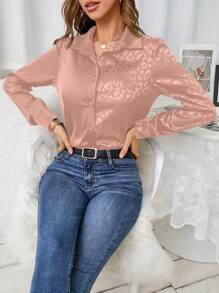 SHEIN Unity Leopard Jacquard Button Front Satin Shirt - Coral Orange - View 1