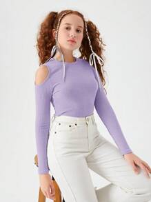 SHEIN Leap Crew 純色長袖針織T卹，肩部剪裁和條紋圖案適用於春秋時節青少女 - 淡紫色 - 查看 6