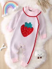 Baby Girl Strawberry Pattern Contrast Trim Raglan Sleeve Knit Jumpsuit - Baby Pink - View 1