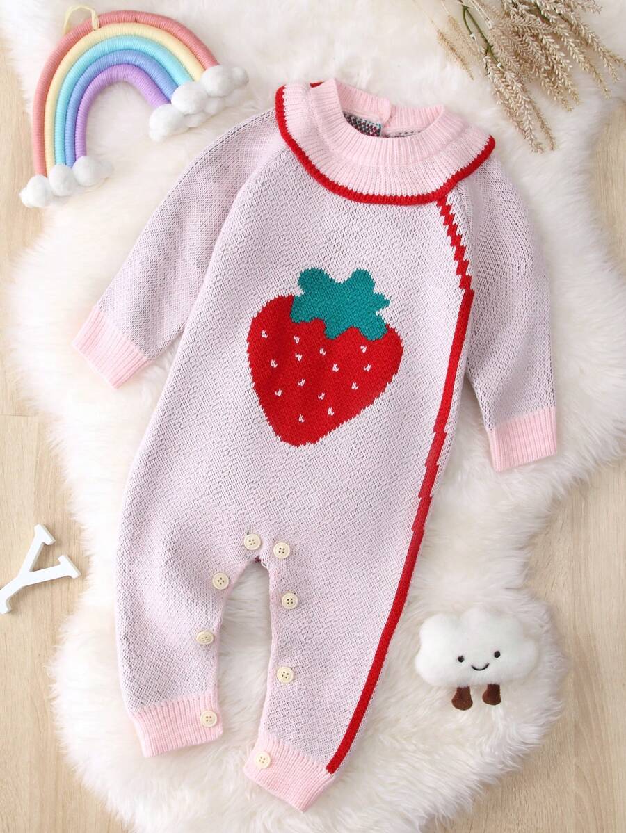 Baby Girl Strawberry Pattern Contrast Trim Raglan Sleeve Knit Jumpsuit - Baby Pink - View 1