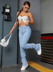 SHEIN ICON High Waist Ruched Raw Hem Stacked Jeans - Light Wash - View 1