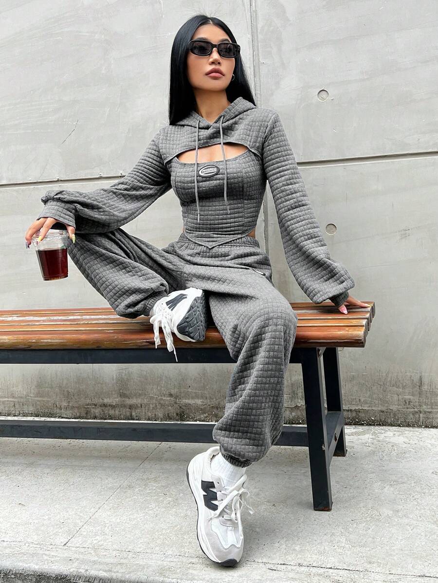 SHEIN EZwear Letter Patched Detail Cutout Drawstring Hoodie & Sweatpants - Dark Grey - View 1