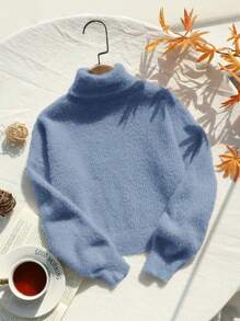 SHEIN Leap Crew Tween Girl Turtleneck Drop Shoulder Sweater