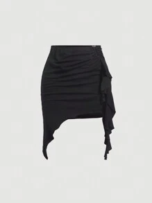 SHEIN MOD Solid Ruffle Trim Cami Top & Ruched Skirt - Black - View 5