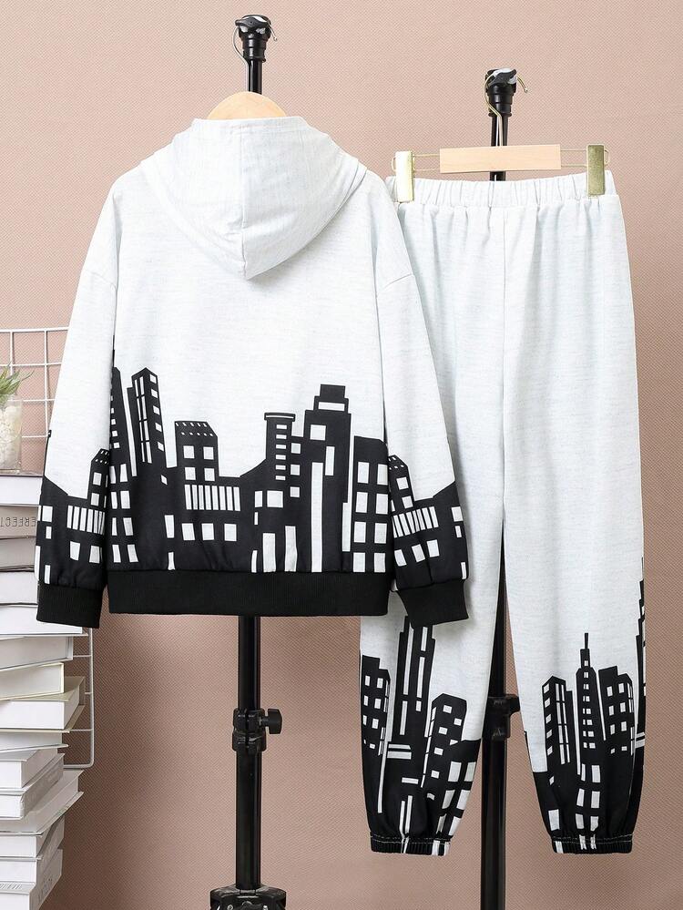 Tween Boy Building Print Hoodie & Sweatpants