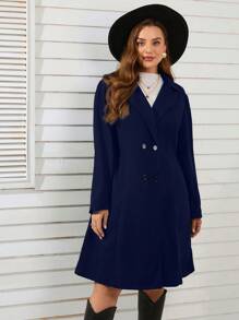 SHEIN Clasi 大碼西裝領雙排釦花呢外套 - 藏蓝色 - 查看 1