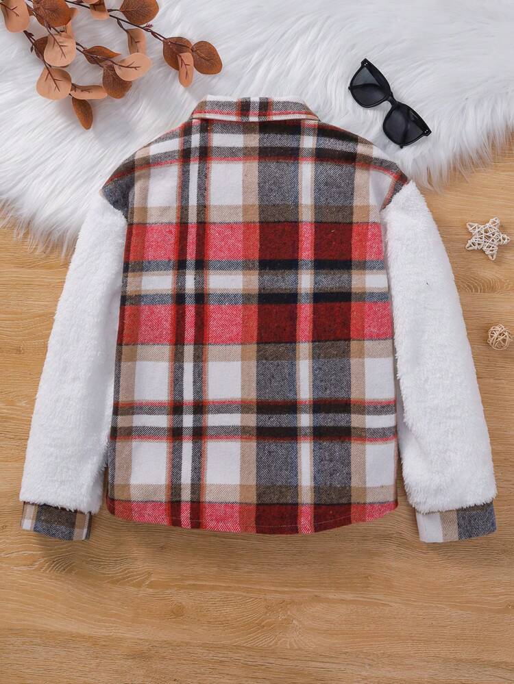 Tween Girl Plaid Print Flap Pocket Teddy Panel Jacket