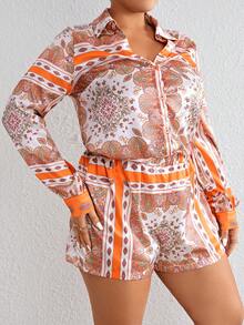 SHEIN SXY 大尺碼女性橙色花紋襯衫和短褲套裝 - 彩色 - 查看 1