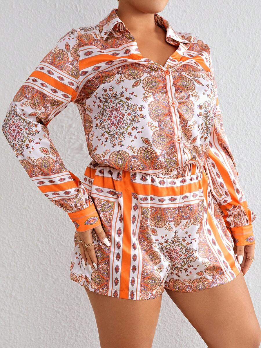 SHEIN SXY 大尺碼女性橙色花紋襯衫和短褲套裝 - 彩色 - 查看 1