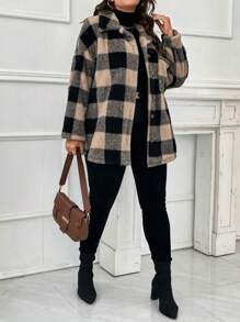 SHEIN LUNE Plus Buffalo Plaid Pattern Drop Shoulder Teddy Coat, For Winter - Apricot - View 4