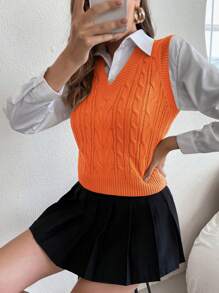 SHEIN Qutie 1入組麻花編織毛衣背心 - 橘色 - 查看 1