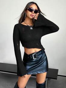 SHEIN ICON Y2K Grunge Solid Flare Sleeve Ripped Crop Sweater,Long Sleeve Tops - Black - View 7