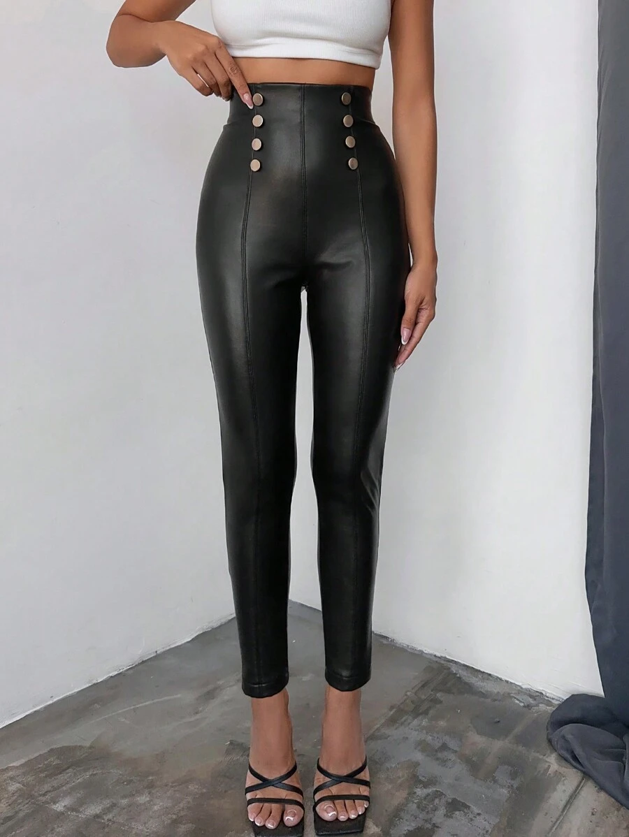 EURMUSE Button Detail PU Leather Skinny Pants - Black - View 1