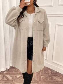 SHEIN LUNE Plus Flap Pocket Drop Shoulder Teddy Coat, For Winter - Apricot - View 5