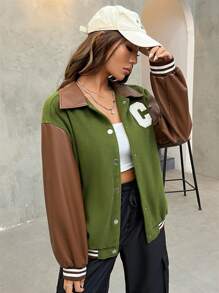 SHEIN EZwear Letter Patched Striped Trim Drop Shoulder Colorblock Striped Trim Jacket