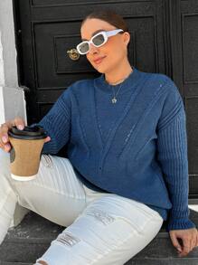 RueChic Plus Cable Knit Drop Shoulder Sweater - Blue - View 1