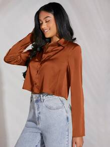 SHEIN BAE Áo sơ mi satin crop cài nút phía trước, áo dài tay - màu nâu - Xem 3