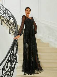 Missord 甜心领灯笼袖亮片礼服黑色优雅长袖舞会晚会婚礼宾客礼服，适合毕业典礼、晚宴 - 黑色 - 查看 8