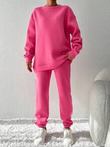 EURMUSE Drop Shoulder Sweatshirt & Sweatpants - Pink - View 4