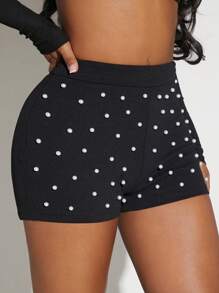 SHEIN SXY Pearls Beaded Shorts - Black - View 5