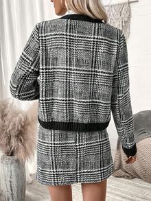 SHEIN Frenchy 千鳥格印花拼接邊夾克&半身裙 - 彩色 - 查看 2