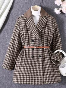 SHEIN Tween Girl 1pc Houndstooth Print Double Breasted Coat - Multicolor - View 1