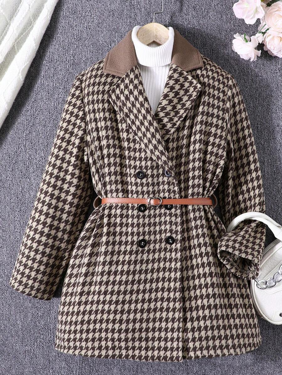 SHEIN Tween Girl 1pc Houndstooth Print Double Breasted Coat - Multicolor - View 1