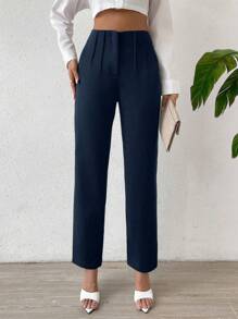 RosyDaze 净色褶皱直筒裤 - 藏蓝色 - 查看 3