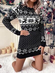 SHEIN LUNE 聖誕麋鹿&幾何圖案毛衣洋裝 - 黑與白 - 查看 3