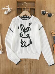 SHEIN ティーンガール ウサギパターン コントラストトリム ドロップショルダー セーター - ブラック&ホワイト - チェックする 1