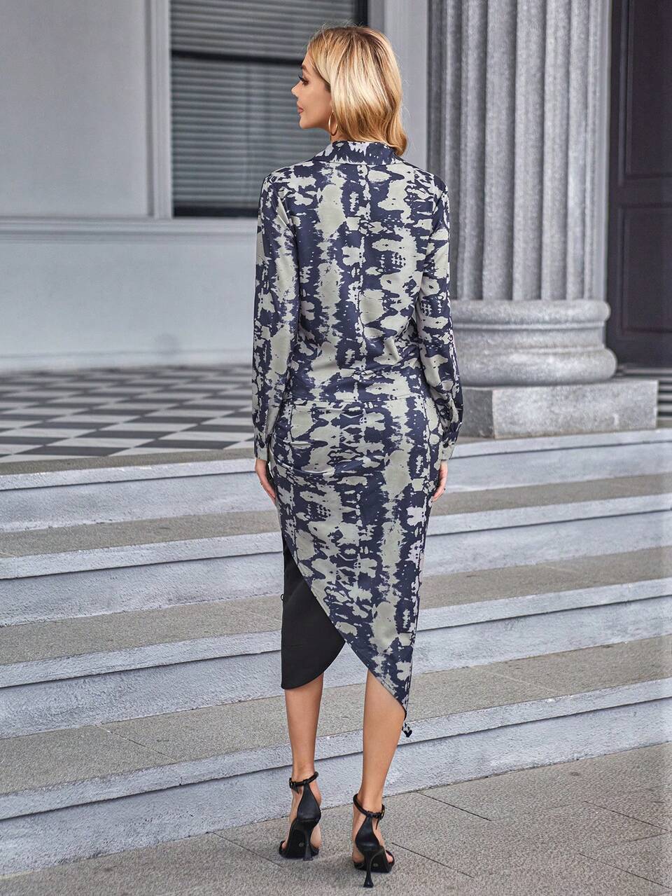 Floral Print Blouse & Drawstring Side Skirt Fall Cloth For Women