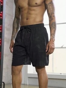 Men Geo Print Drawstring Waist Sports Shorts - Black - View 1
