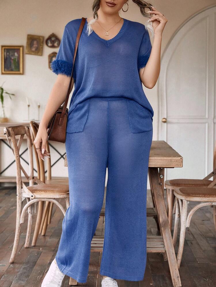Plus Fuzzy Cuff Sweater & Knit Pants