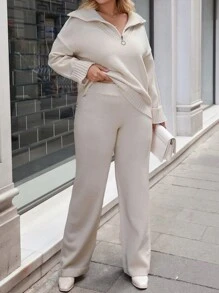 RueChic Plus Half Zip Drop Shoulder Sweater & Knit Pants - Apricot - View 4