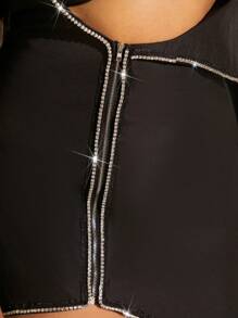 SHEIN SXY Talla grande Abrigo en contraste con diamante de imitación con parte delantera abierta - Negro - Ver 6