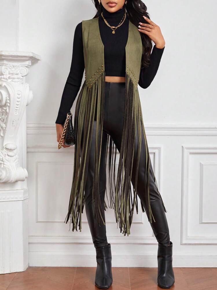 Fringe Hem Open Front Vest Coat In Fall/Winter