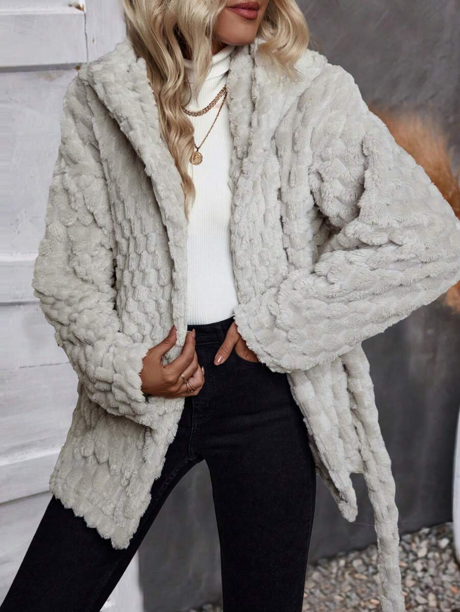 SHEIN LUNE Hooded Open Front Flannel Coat - Grey - View 1