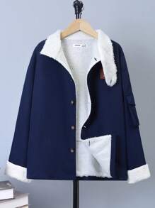 SHEIN 男大童字母補丁細節毛絨內襯外套 - 軍綠色 - 查看 7