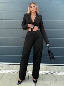 SHEIN SXY 腰部鏤空短版西裝和褲子 - 黑色 - 查看 3