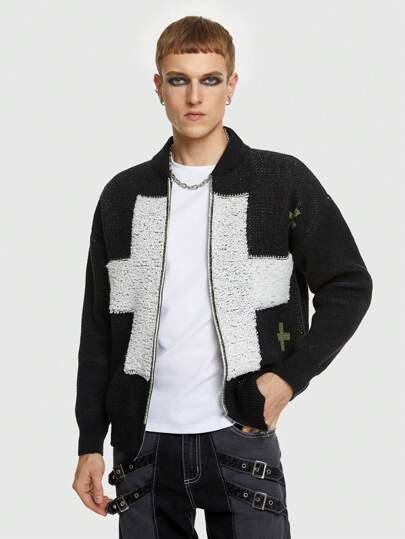 ROMWE MEN Goth Men's Sweater With Cross Pattern And Zipper