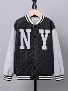 SHEIN 男大童字母刺繡條紋飾邊落肩袖加絨內裏棒球領絎縫外套 - 彩色 - 查看 7