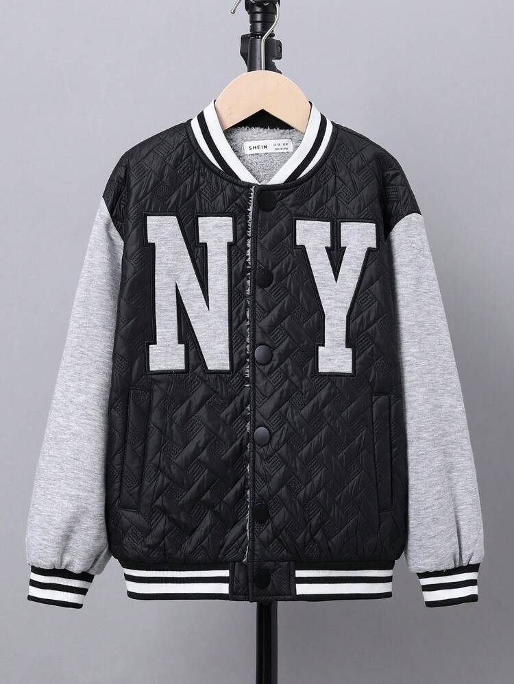 Tween Boy Letter Embroidery Striped Trim Drop Shoulder Thermal Lined Baseball Collar Quilted Coat
