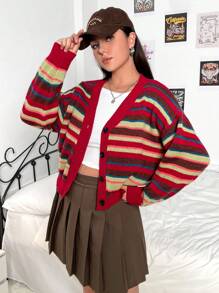 Flirla 大碼聖誕條紋圖案落肩袖開襟衫 - 彩色 - 查看 5