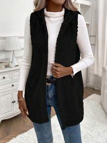 SHEIN LUNE Solid Hooded Teddy Vest Coat - Black - View 3