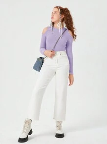 SHEIN Leap Crew 純色長袖針織T卹，肩部剪裁和條紋圖案適用於春秋時節青少女 - 淡紫色 - 查看 4