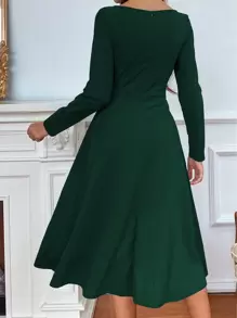 SHEIN LUNE 纯色A字长裙女装秋季服装 - 墨綠色 - 查看 2