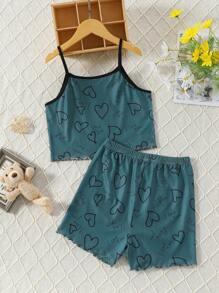 Tween Girl Heart Print Contrast Binding Cami Top & Shorts PJ Set - Dark Green - View 2