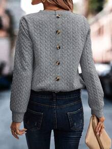 SHEIN Essnce 後紐扣落肩袖運動衫 - 淺灰色 - 查看 6