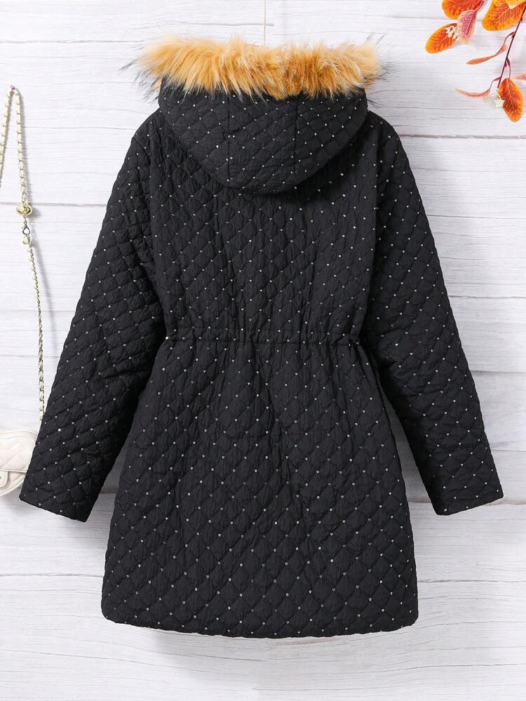 Teen Girl Fuzzy Trim Hooded Quilted Parka Coat Without Sweater